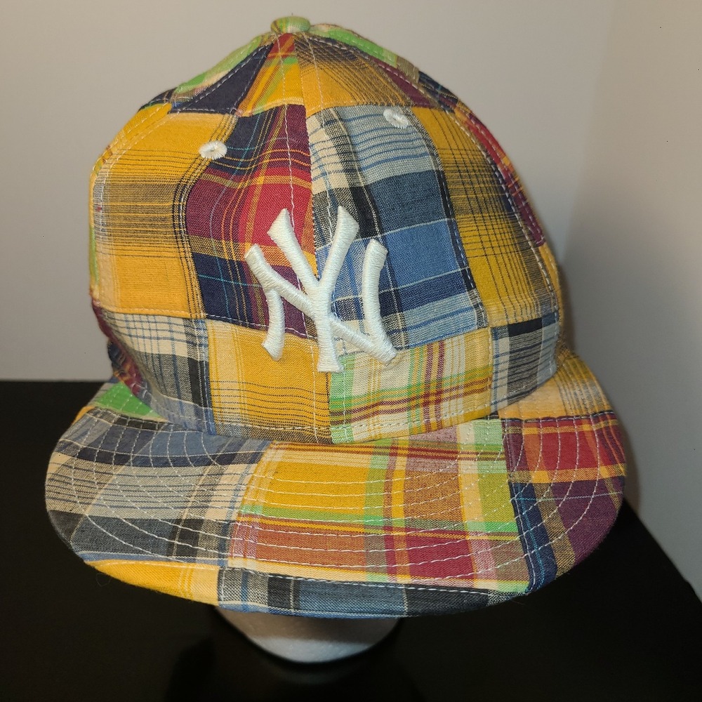 New Era Retro Crown New York Yankees Madras Plaid 7 1/2 Fitted Yellow Navy